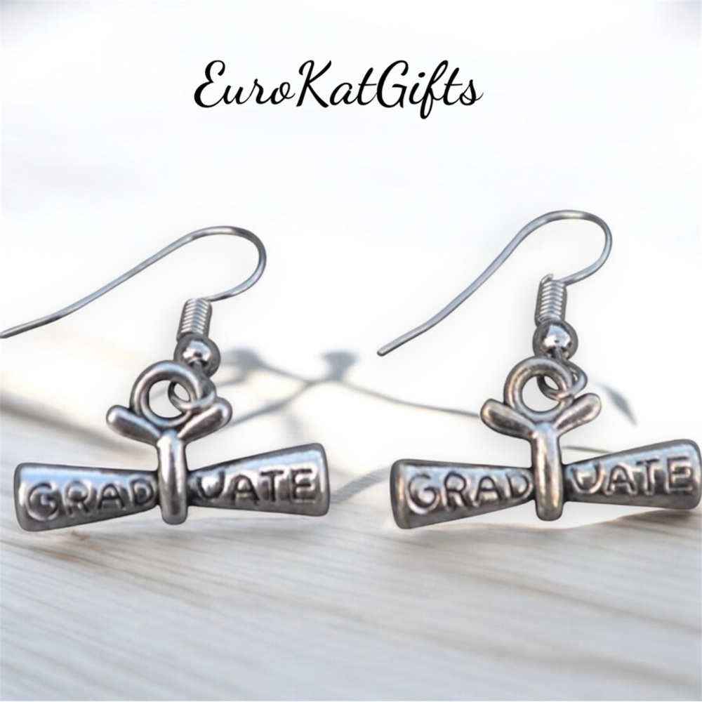 Silver Graduation Diploma Earrings Dangle Stainless wires NEW add 2026 free
